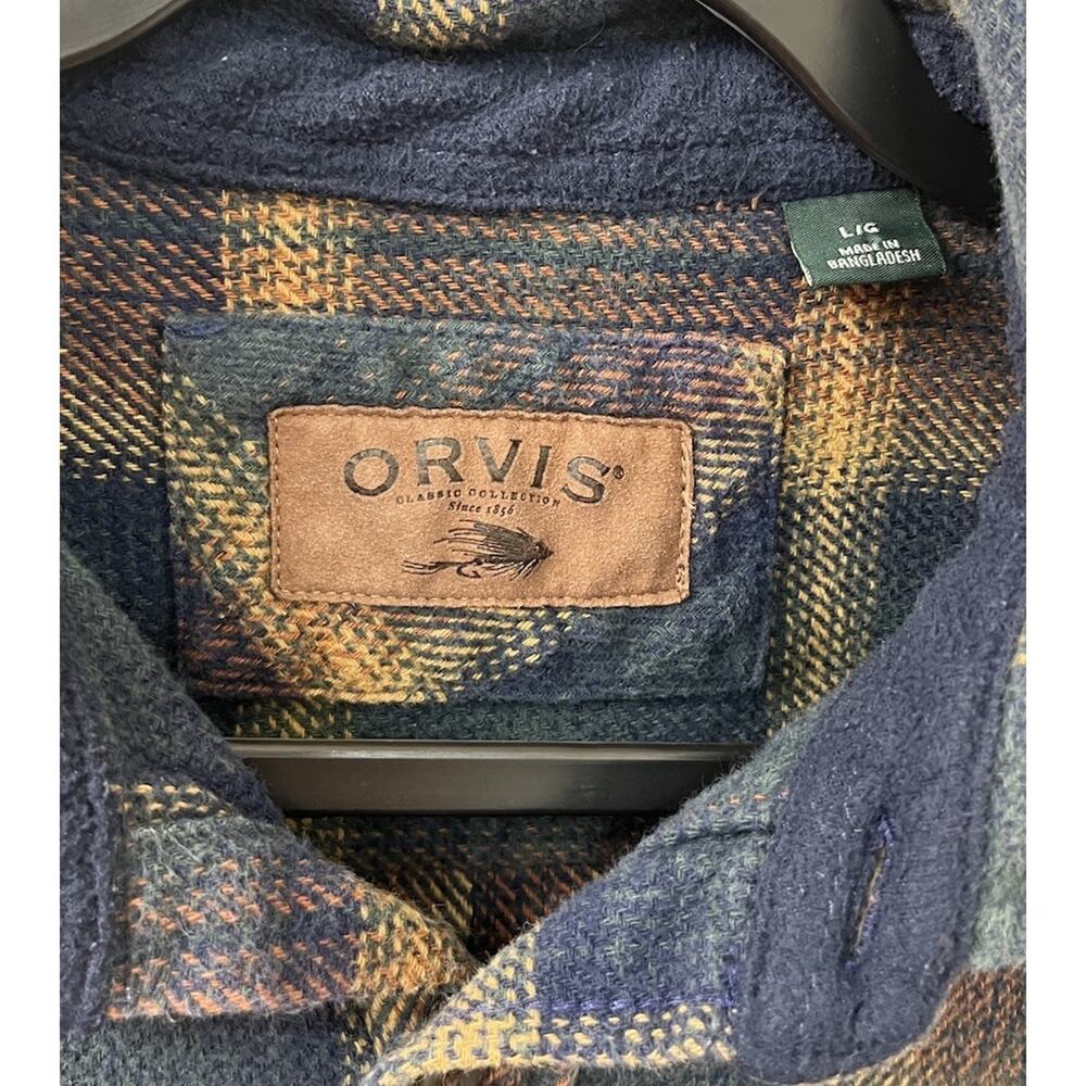 Orvis Men's Heavy Weight Cotton Shirt Size L Long Sleeve Tan Blue Rust 4 Pockets - Picture 3 of 6